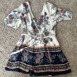 Francesca's Collections Floral Wrap Dress - Cream and Navy